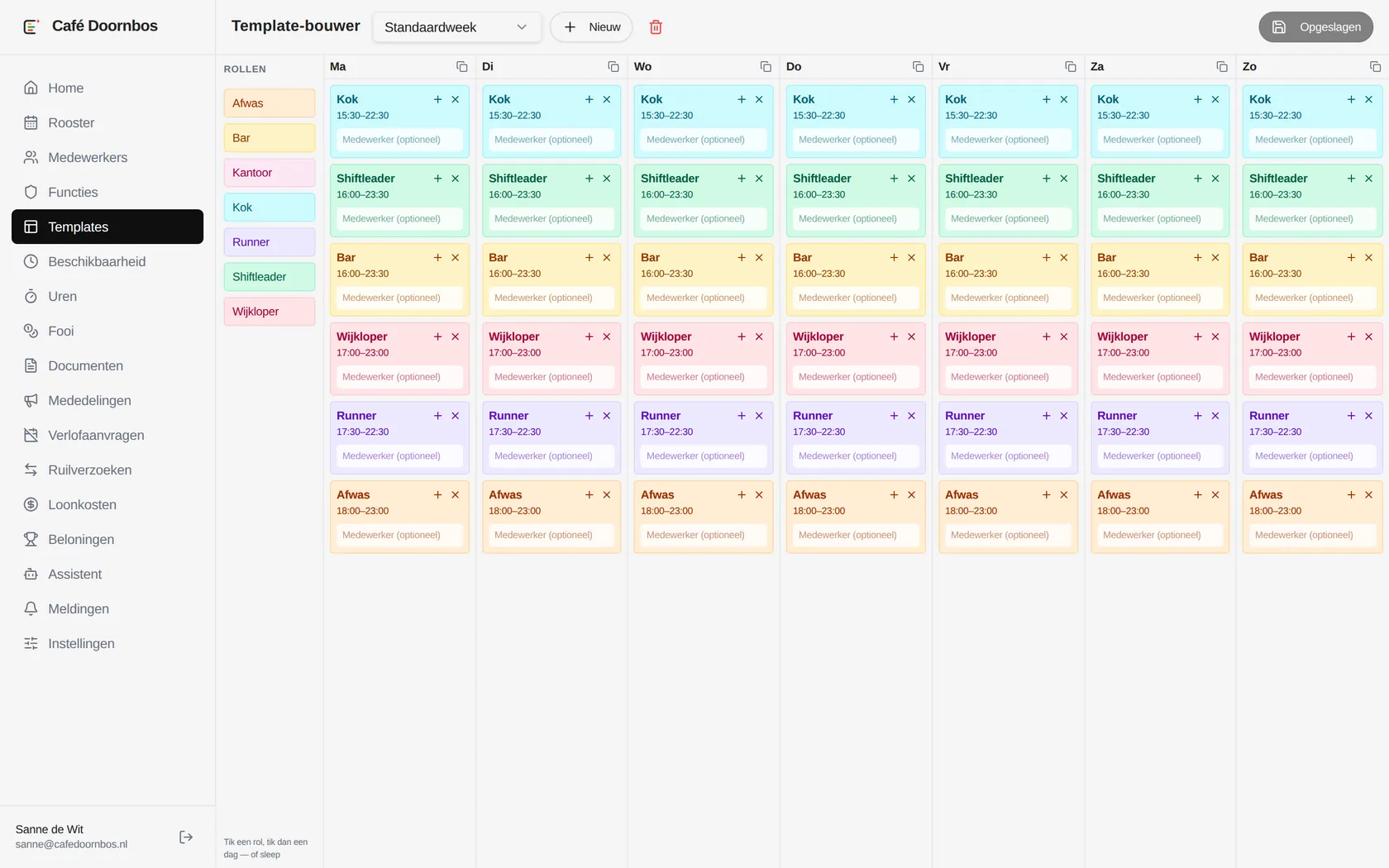 Templates met vaste diensten per weekdag