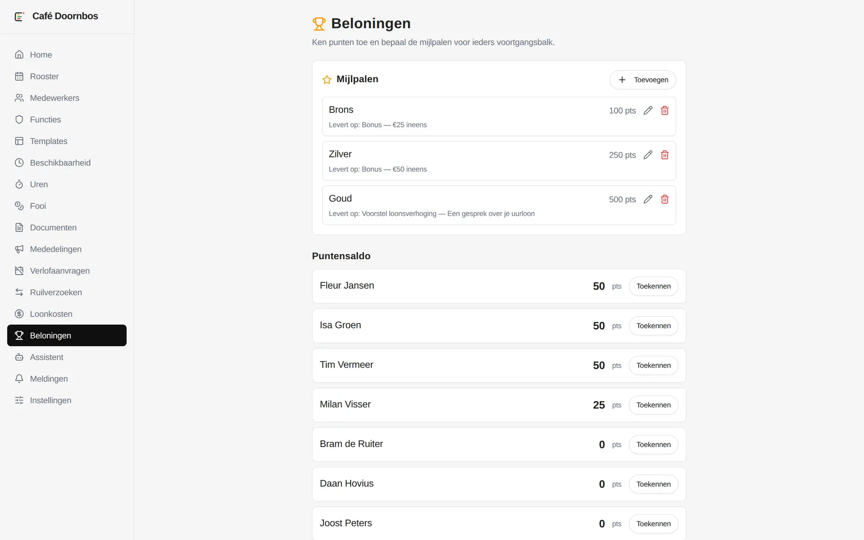 Beloningen: mijlpalen en het puntensaldo per medewerker